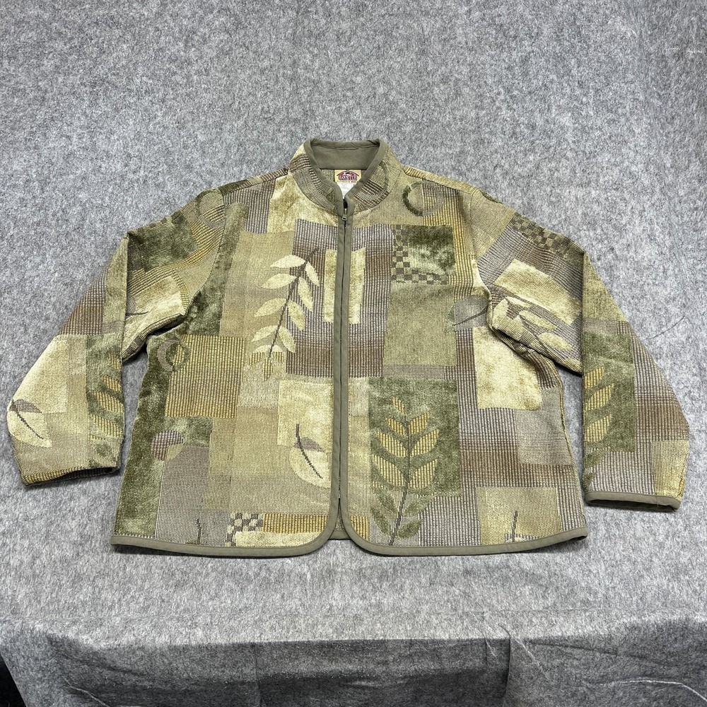 Barn Fly Jacket Womens 2X Green‎ Geometric Leaf Zip Tapestry Collared Vintage